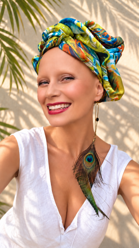 Renata Glinkowska wearing her green silk turban with a painterly print in lime turquoise and orange