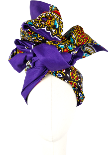 Purple African print Twist Long turban – women's turban, front view