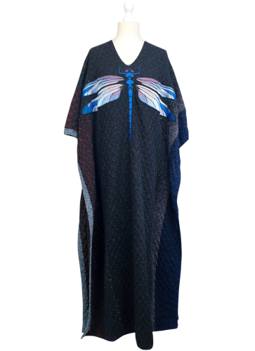 Black knit poncho dress with dragonfly embroidery front view on mannequin