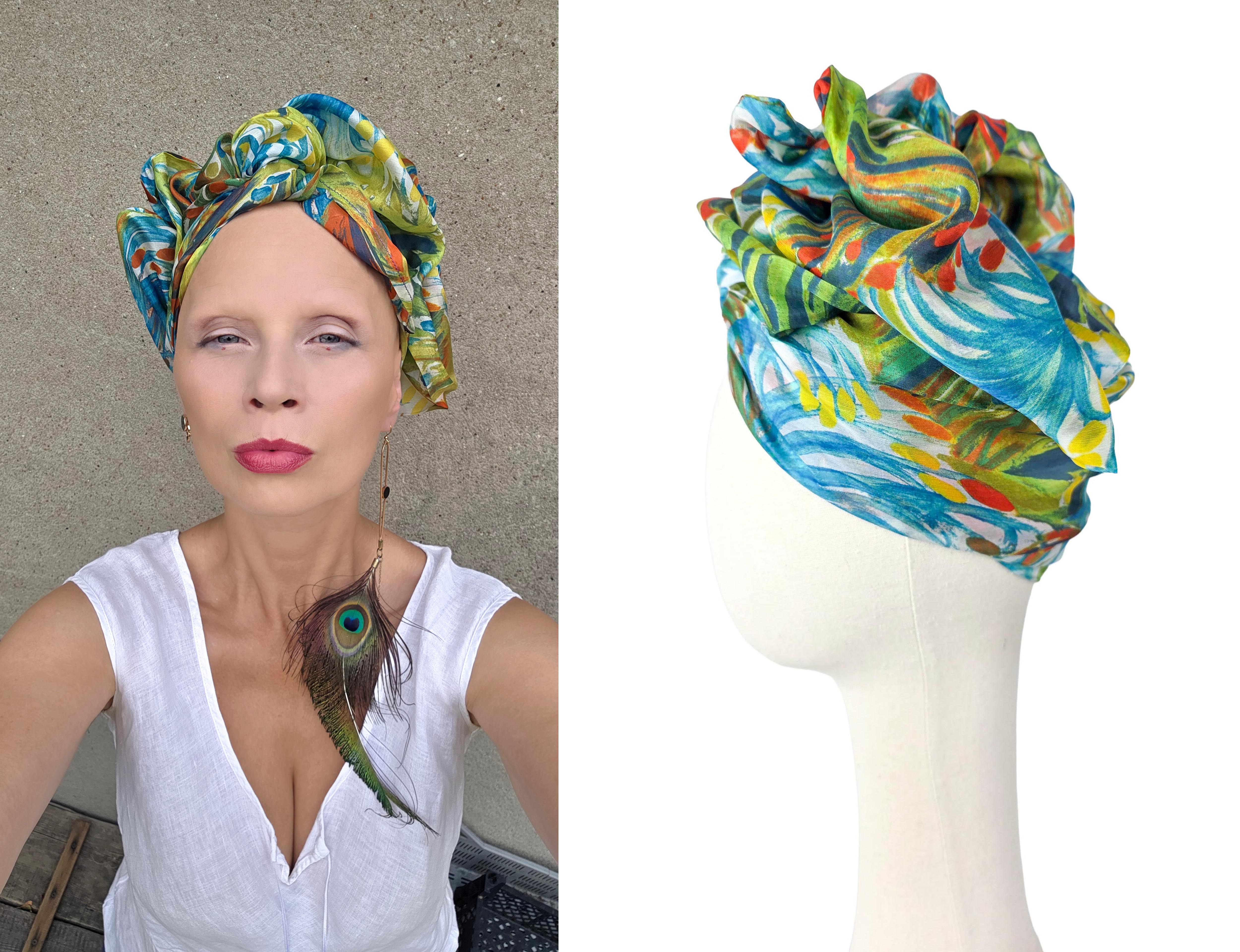 Zielony jedwabny turban damski GLINKOWSKA – turban na manekinie i w stylizacji
