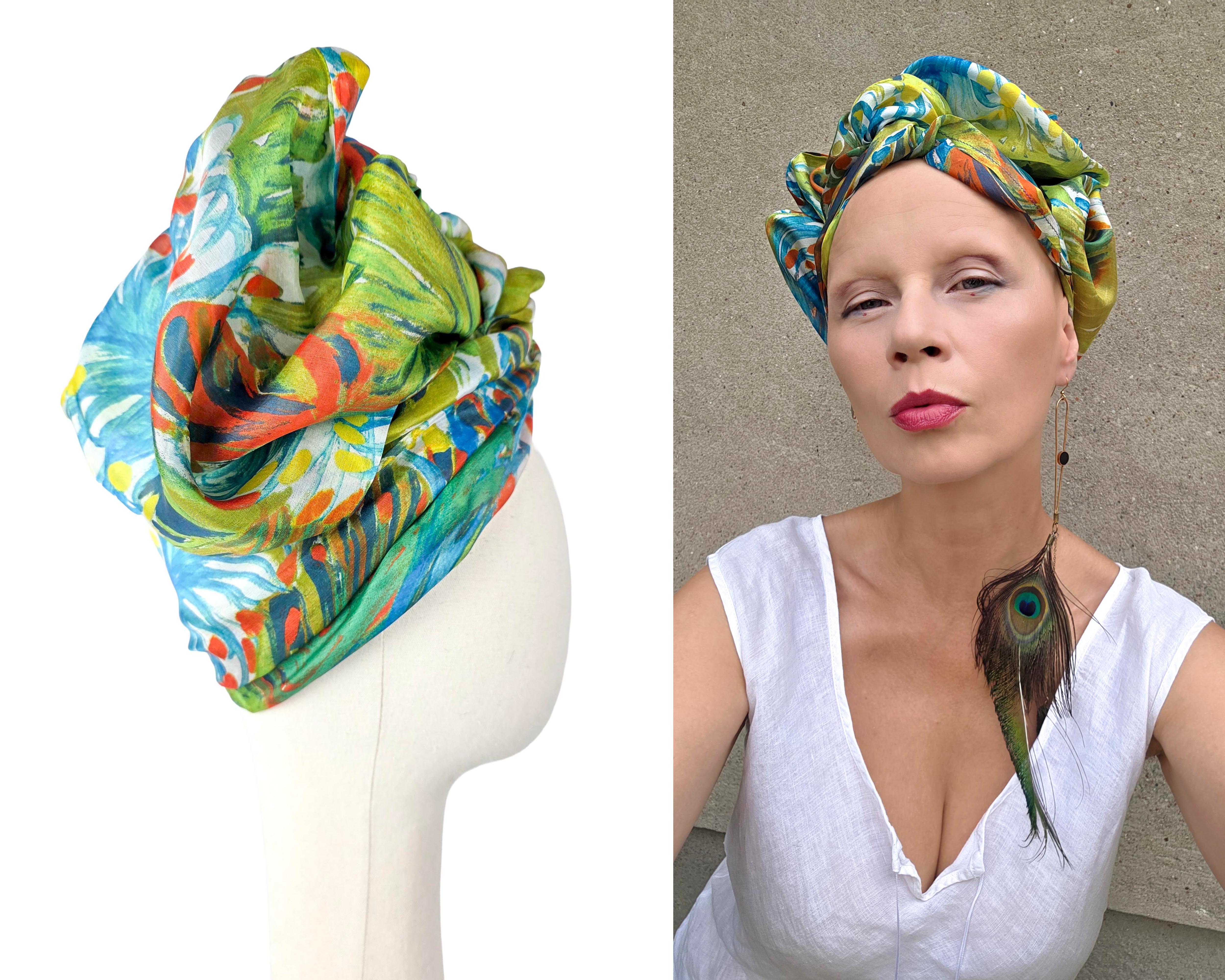 Zielony długi turban jedwabny GLINKOWSKA – turban zawiązany na głowie