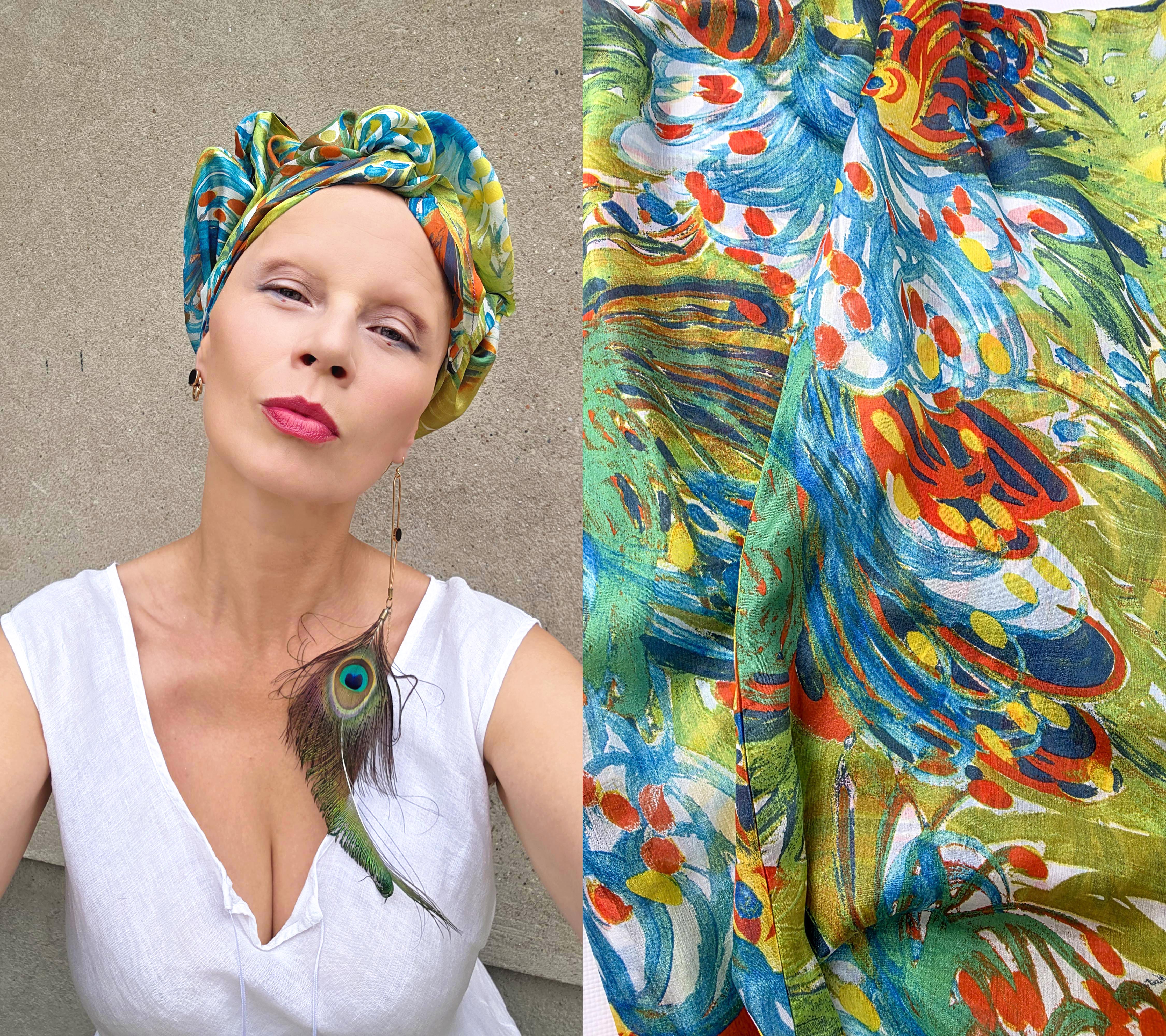 zielony jedwabny turban damski GLINKOWSKA – kolorowy wzór tkaniny