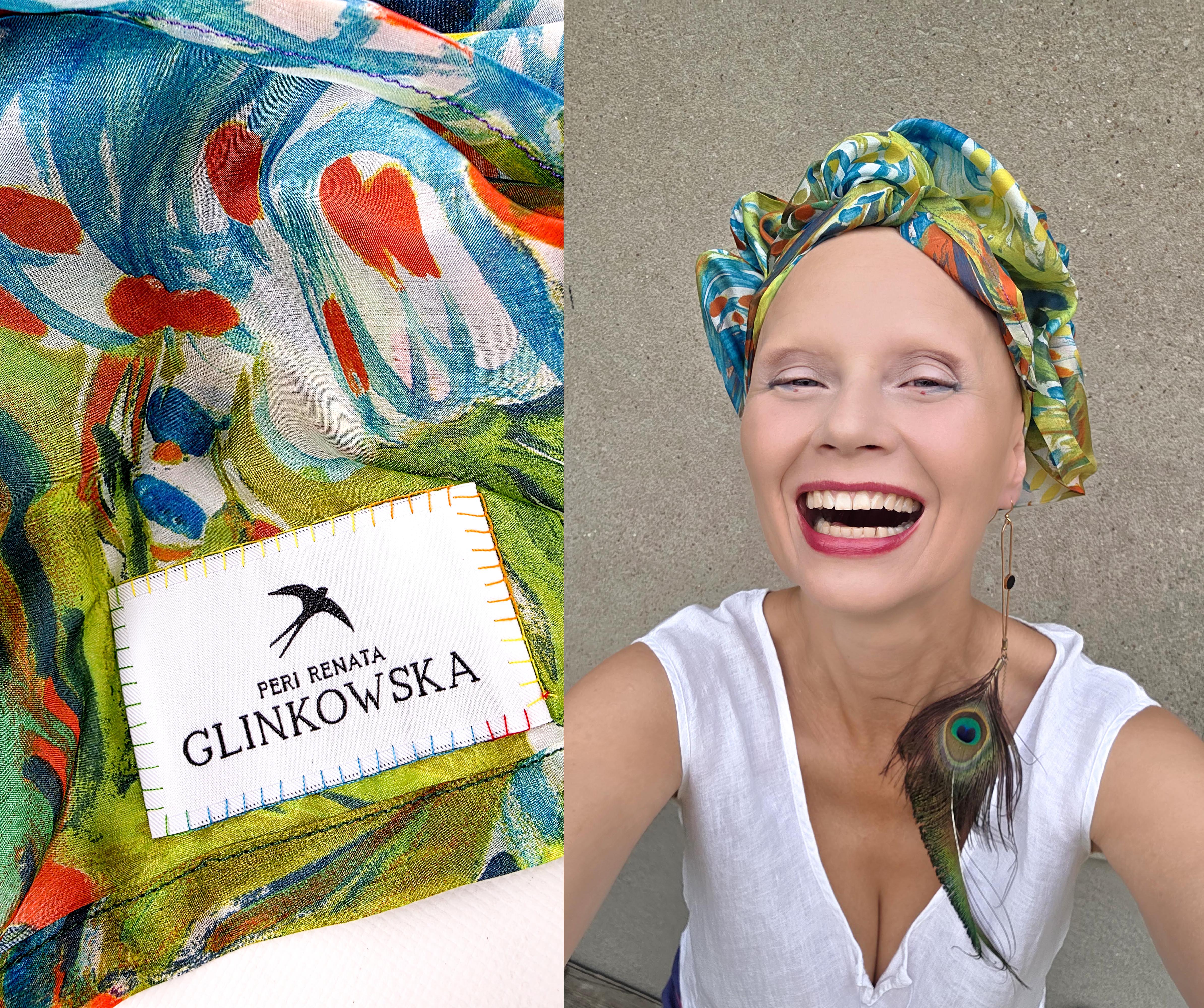 Zielony jedwabny turban GLINKOWSKA – detal wzorzystej tkaniny i metki