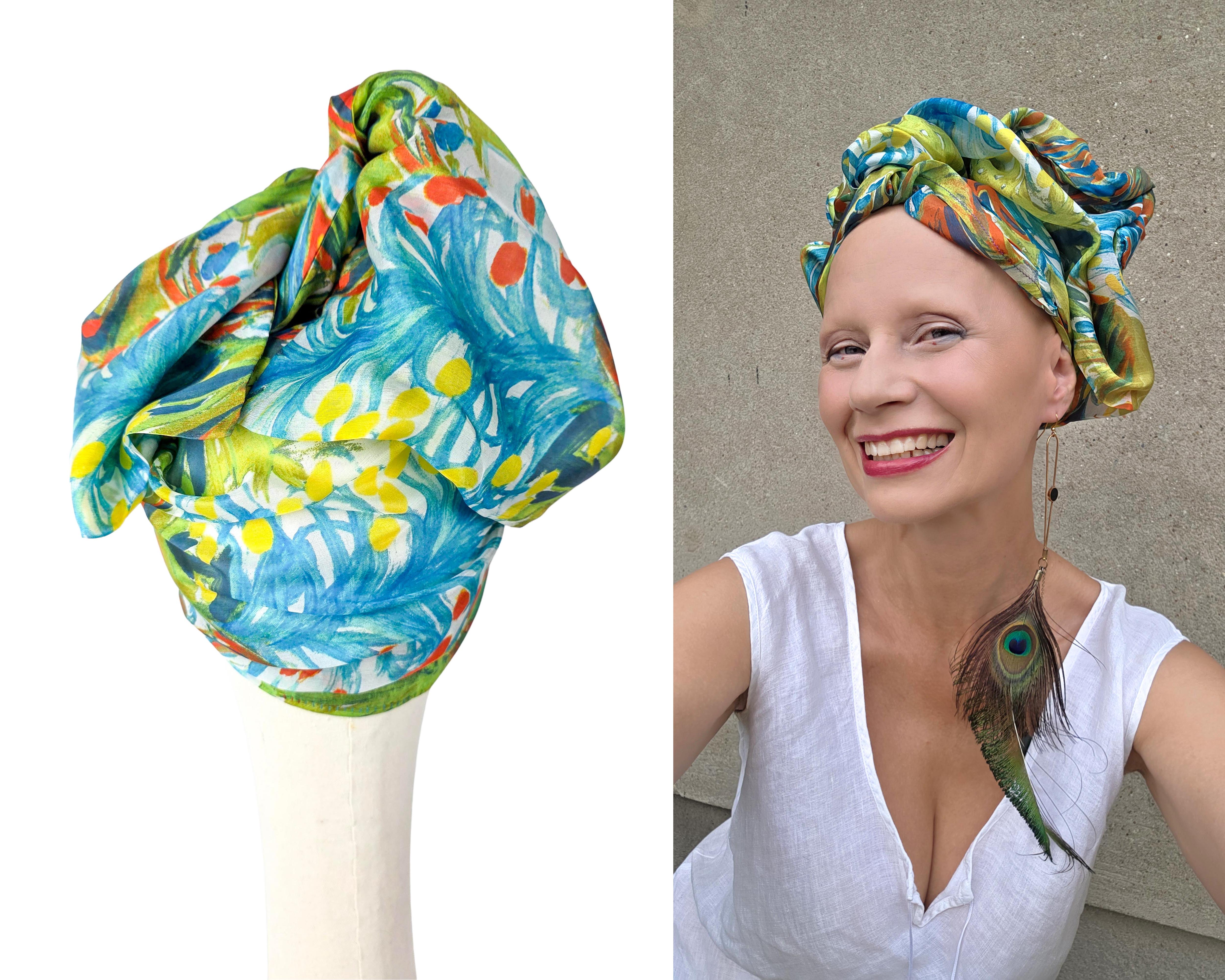 Zielony jedwabny turban damski GLINKOWSKA – stylizacja turbanu na głowie