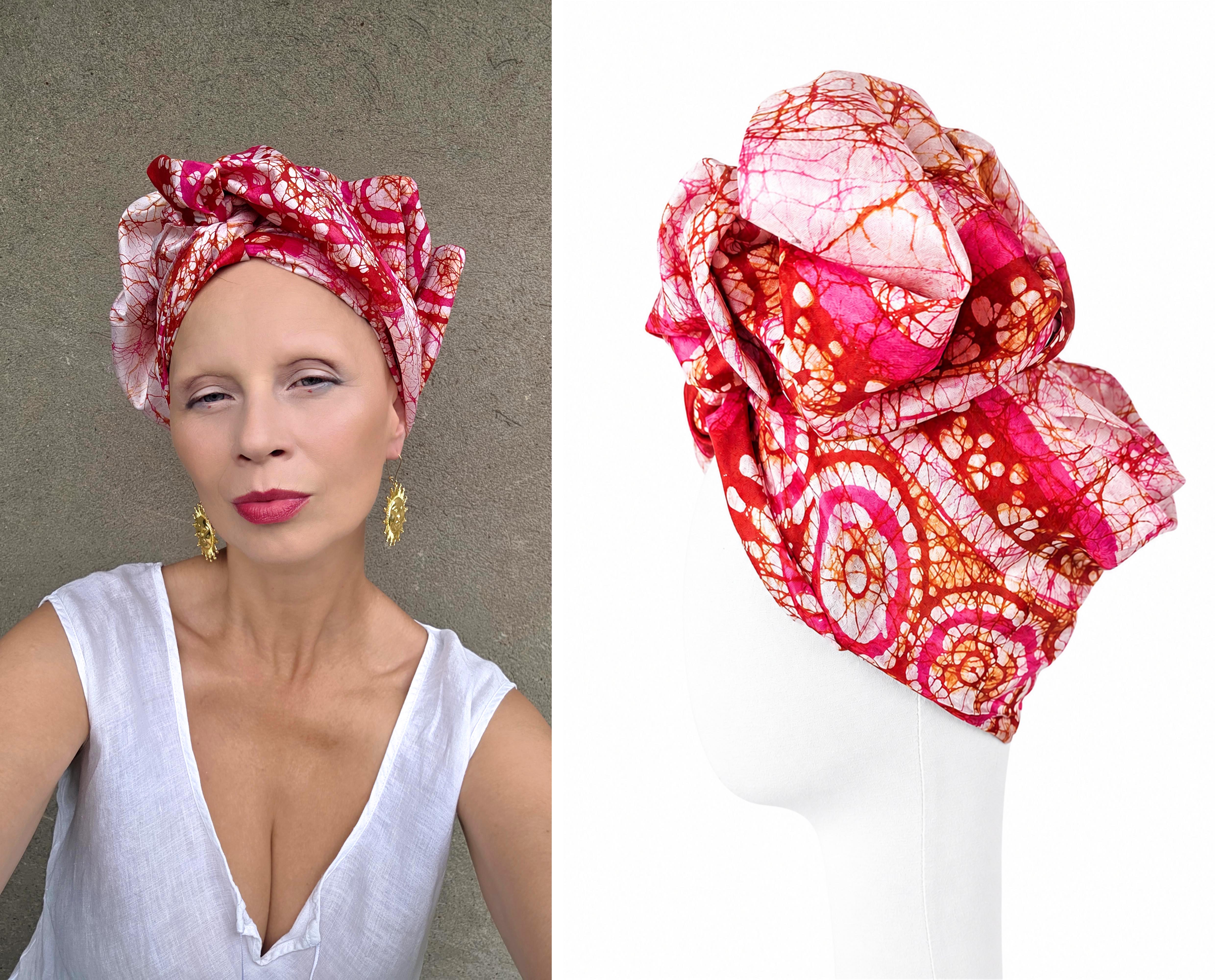 Long red and pink silk turban by GLINKOWSKA wrapped on the head