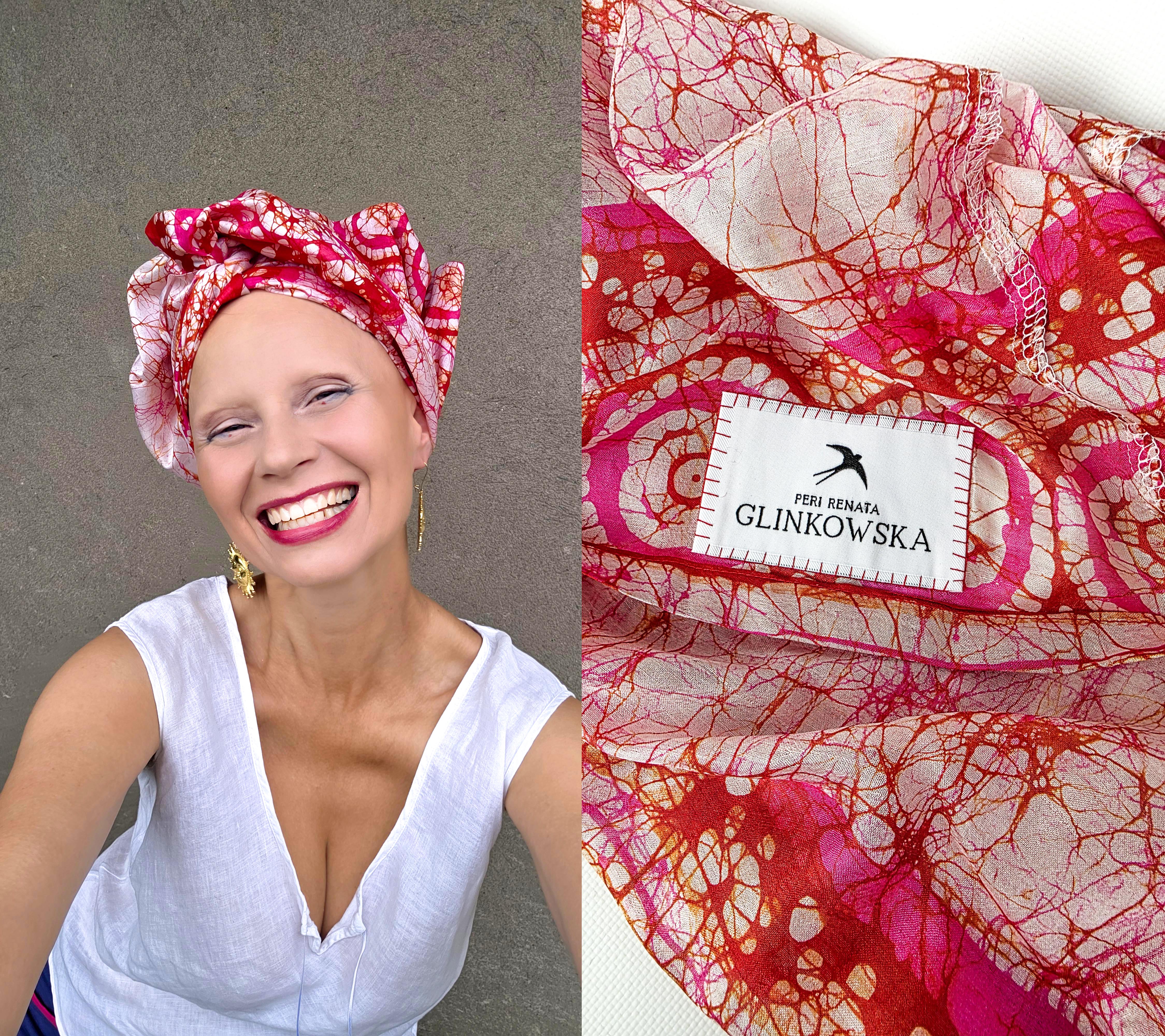Detail of red and pink silk batik turban by GLINKOWSKA