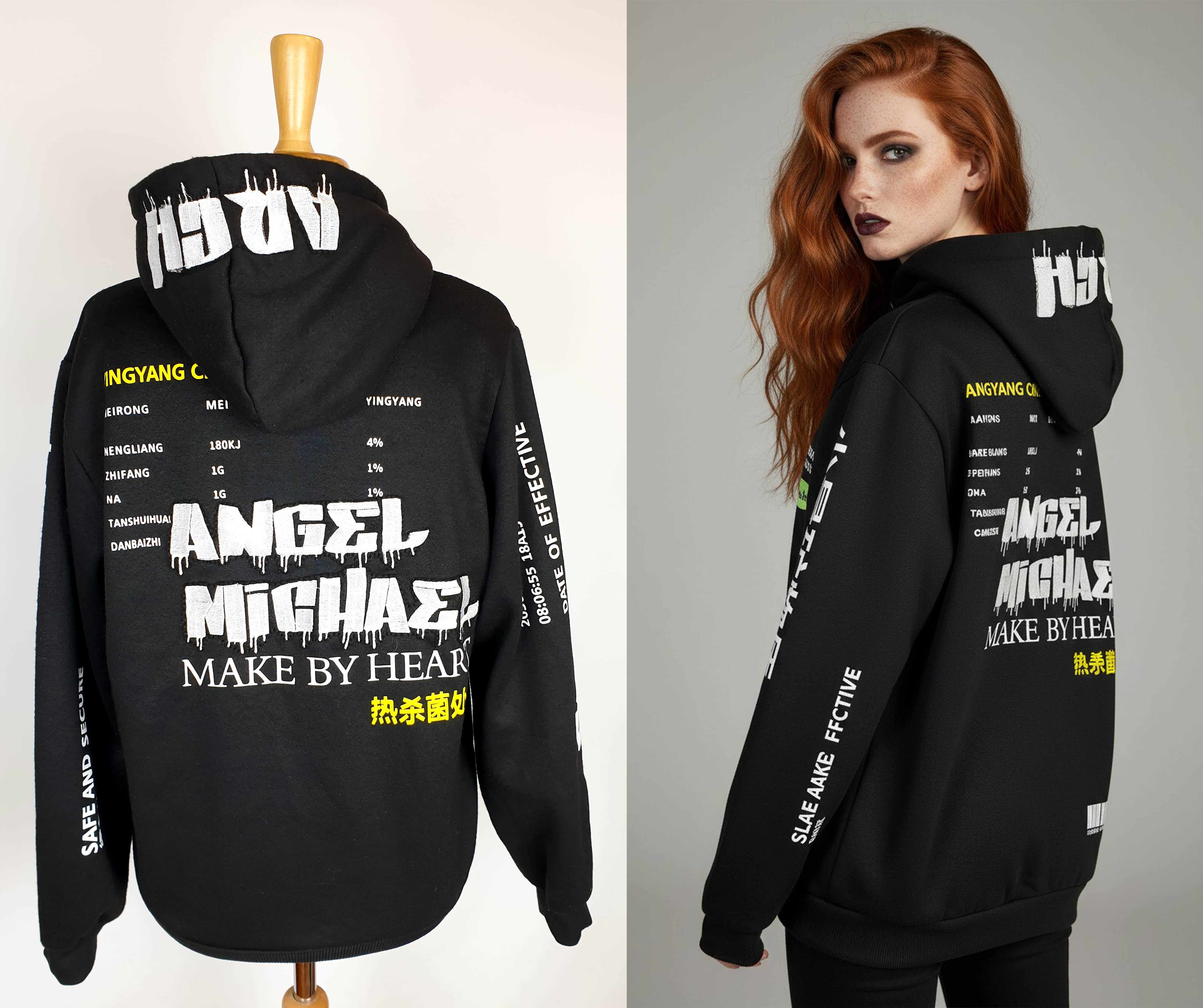 Tył czarnej bluzy z kapturem na manekinie. Dominującym elementem jest duży biały nadruk przedstawiający Archanioła Michała, otoczony napisami, znakami i graficznymi elementami w bieli i żółci. Na górnej części pleców widoczny jest również napis „Angel Michael”.