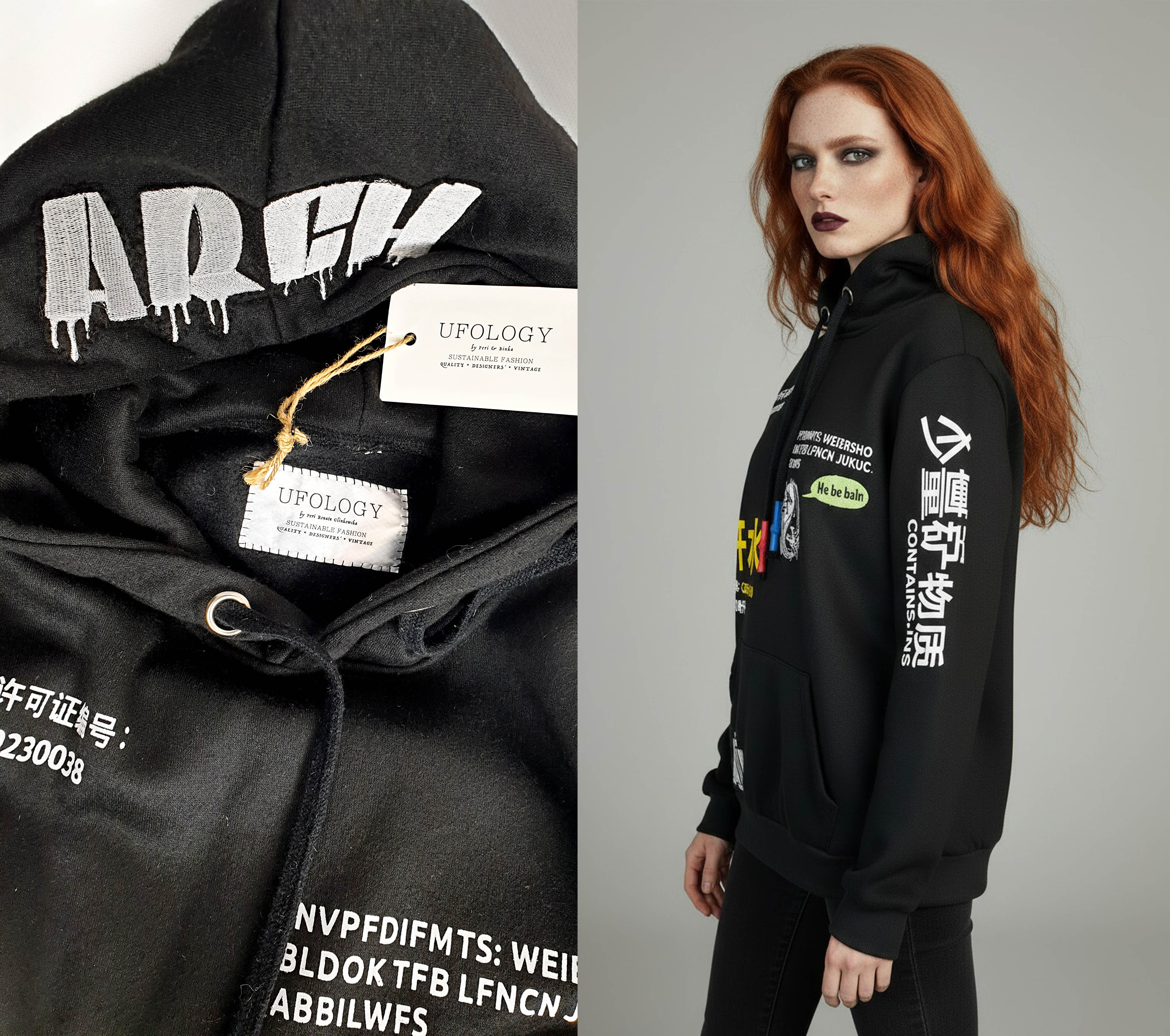 Zbliżenie na górną część czarnej bluzy z kapturem. Widoczny jest kaptur, biały nadruk w okolicy ramienia i karku oraz wszyta metka UFOLOGY. Materiał jest gruby i miękko układa się wokół szyi.
