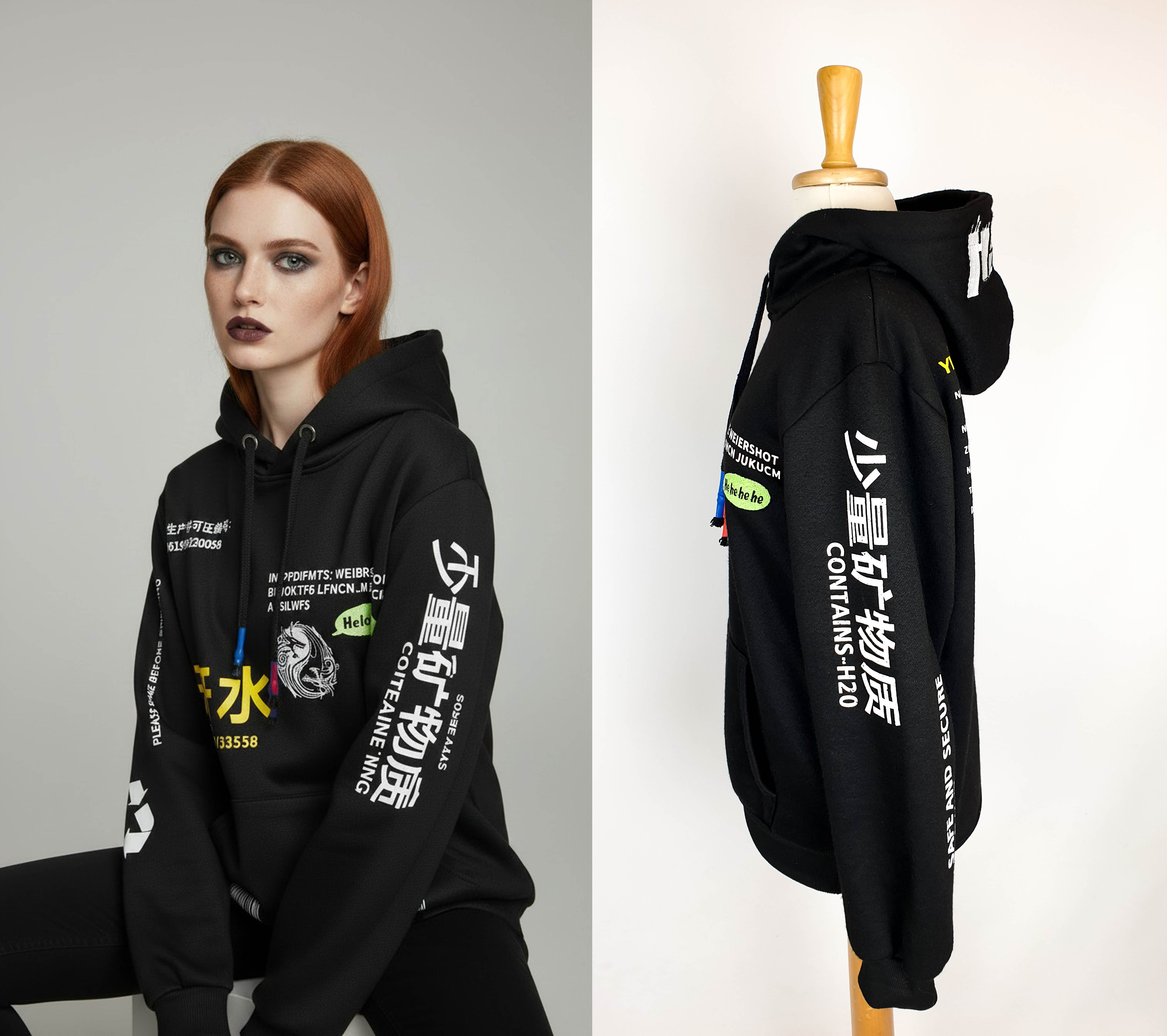 Czarna bluza unisex z kapturem pokazana z boku na manekinie. Widoczny jest obszerny, prosty fason, kieszeń kangurka, gruba dzianina oraz graficzne nadruki rozmieszczone na rękawie i bocznej części korpusu.