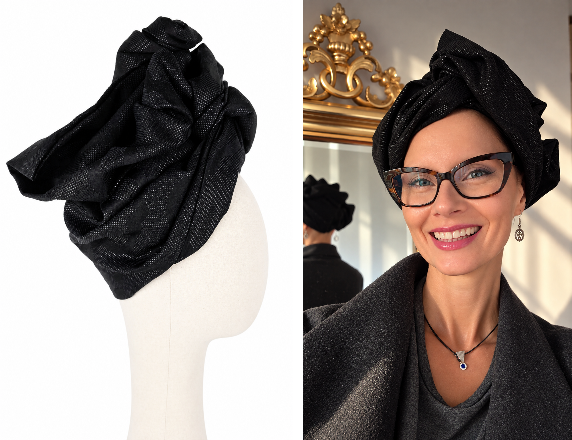Prawy profil jasnego manekina w czarnym turbanie Twist Long. Drapowanie tworzy wysoką, przestrzenną konstrukcję z kilku szerokich fałd. Na bocznej powierzchni widoczny jest duży tkany ornament, którego błyszczące nici odbijają światło. Czerń przechodzi od głębokiej matowej do lekko połyskującej, podkreślając kształt turbanu.