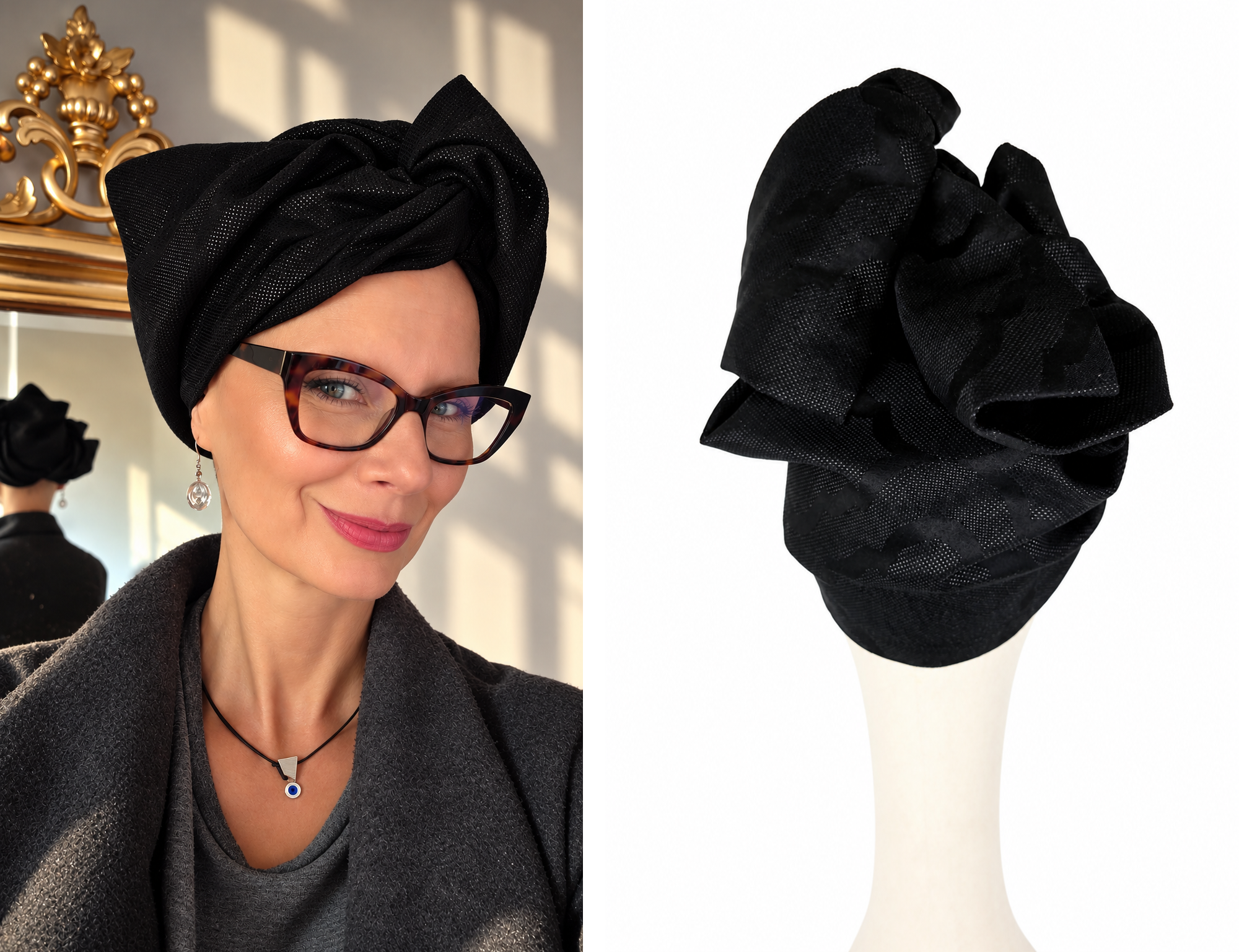 Widok od tyłu na czarny turban Twist Long udrapowany na jasnym manekinie. Tkanina układa się w szerokie zakładki i skręcone fałdy, tworząc zwartą, przestrzenną formę. W tylnej części widoczne są fragmenty dużego ornamentowego wzoru żakardowego. Subtelny połysk nici pojawia się głównie na krawędziach fałd, gdzie pada światło.