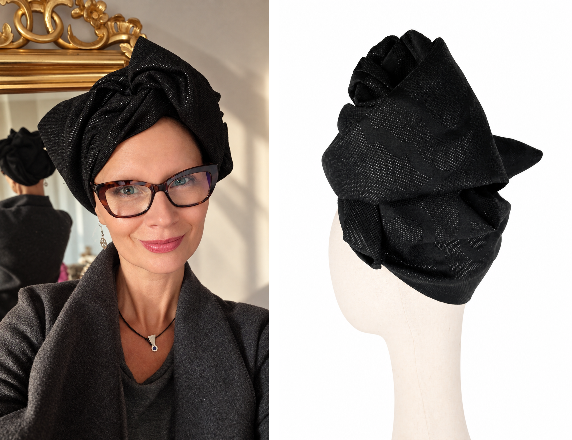 Lewy profil jasnego manekina w czarnym turbanie damskim Twist Long. Materiał jest udrapowany wysoko nad głową i tworzy kilka dużych, miękkich zawinięć. W żakardowej tkaninie widoczny jest ornamentowy wzór w czerni, ujawniający się dzięki różnicy między nićmi matowymi i lekko błyszczącymi. Forma turbanu jest elegancka i wyraźnie przestrzenna.