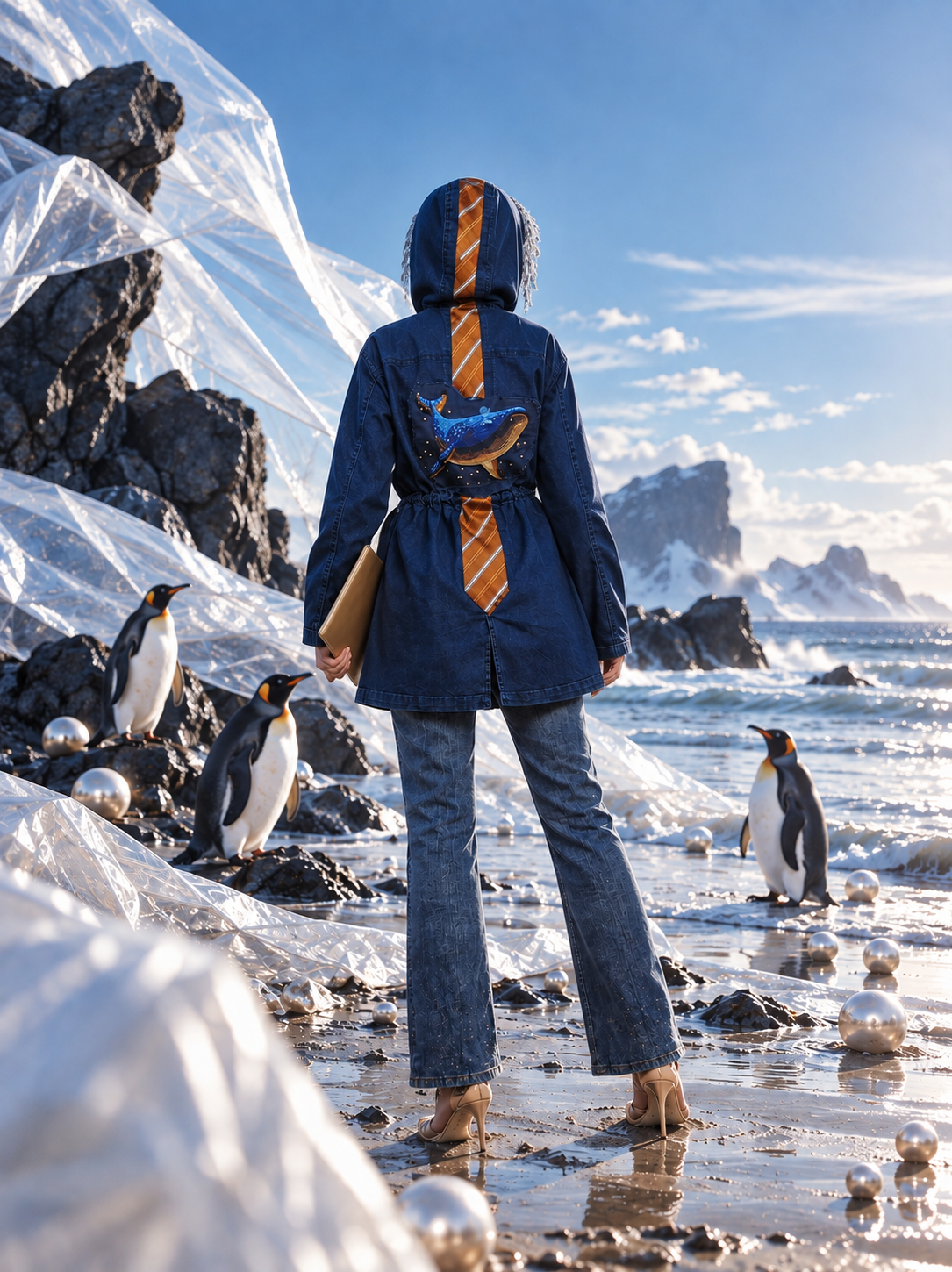 Back view of upcycled navy denim parka with vintage orange striped necktie stitched along the hood and back, and embroidered whale patch – one-of-a-kind upcycled jacket by Peri Renata Glinkowska