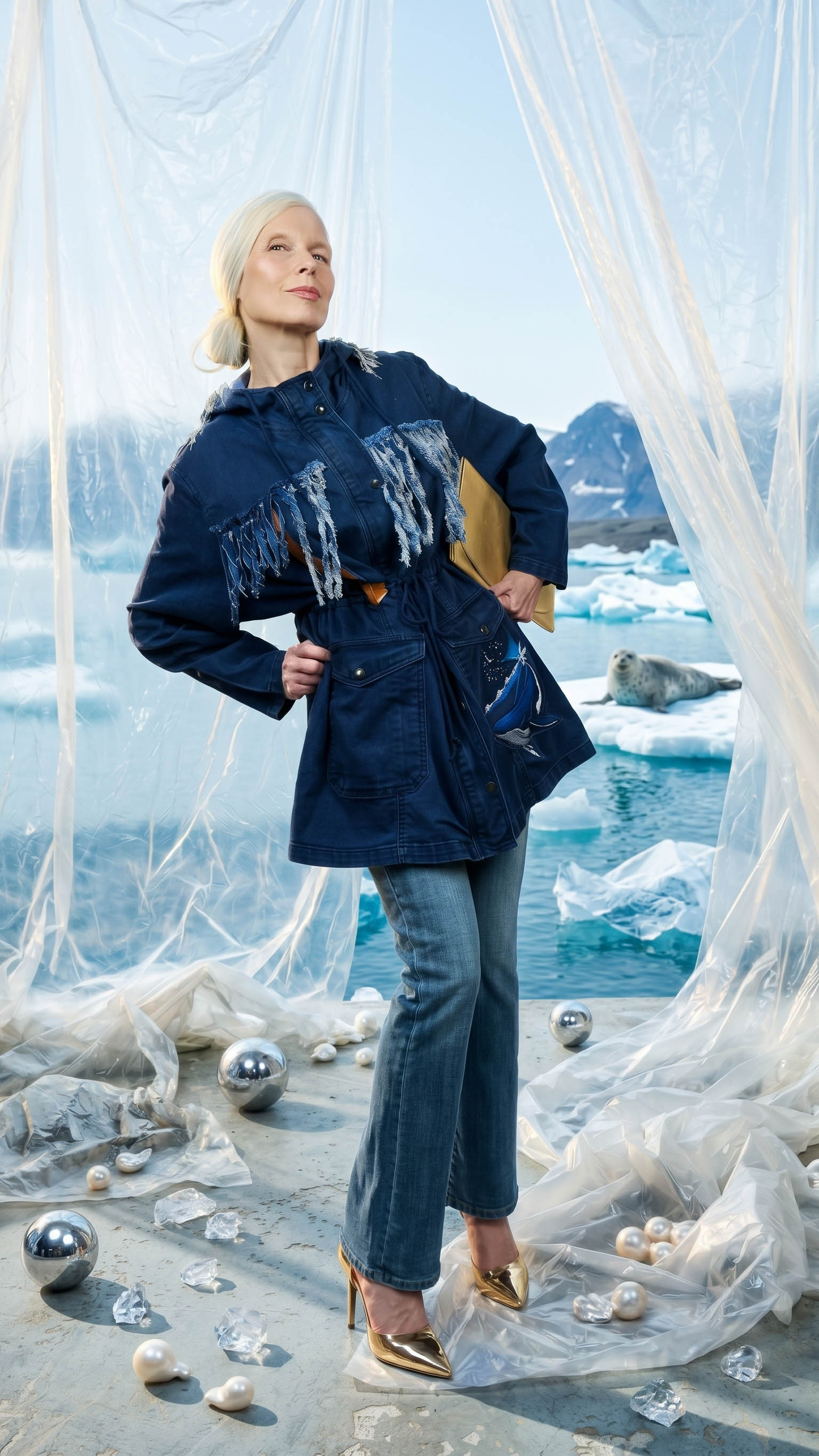Upcycled navy denim parka with hood, frayed denim fringe and hand-embroidered whale on the pocket – one-of-a-kind women's jacket by Peri Renata Glinkowska