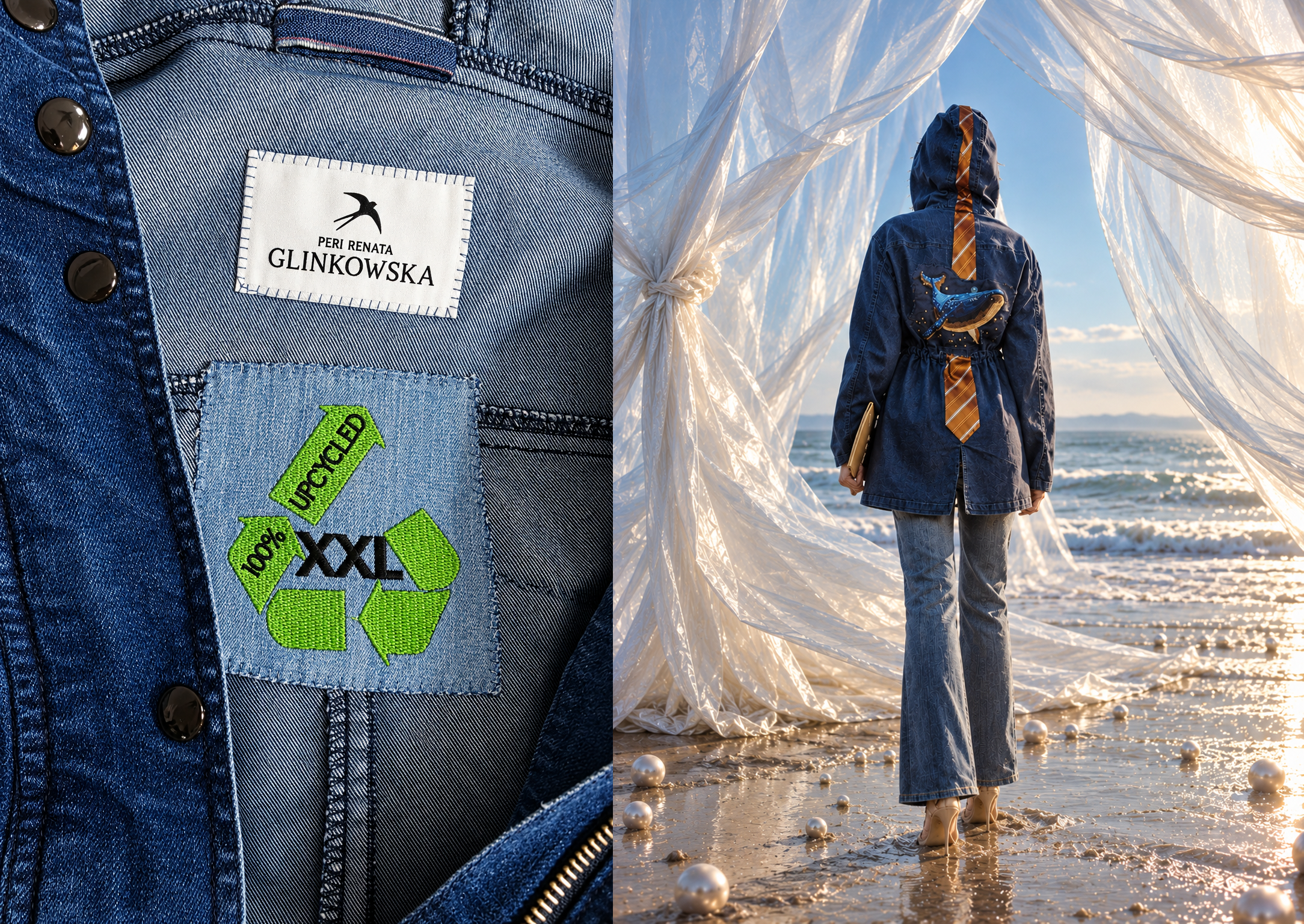 Close-up of Peri Renata Glinkowska brand label and embroidered 100% upcycled XXL size patch inside denim parka, alongside back view of the jacket with silk necktie and whale embroidery on the beach