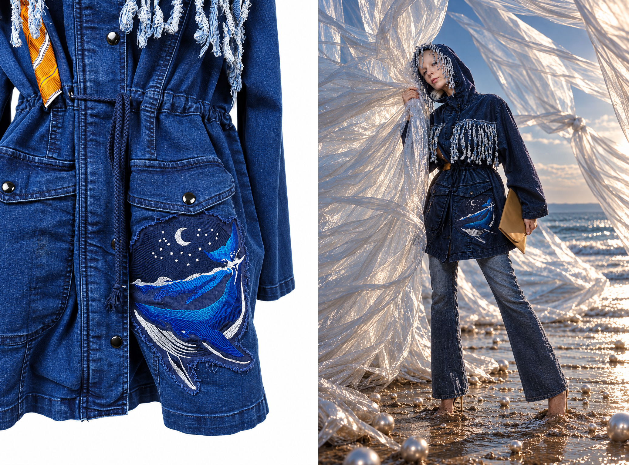 Close-up of hand-embroidered humpback whale with crescent moon and stars stitched onto the pocket of upcycled blue denim parka, with braided drawstring and silk necktie detail, shown next to the jacket styled with fringed hood on the beach