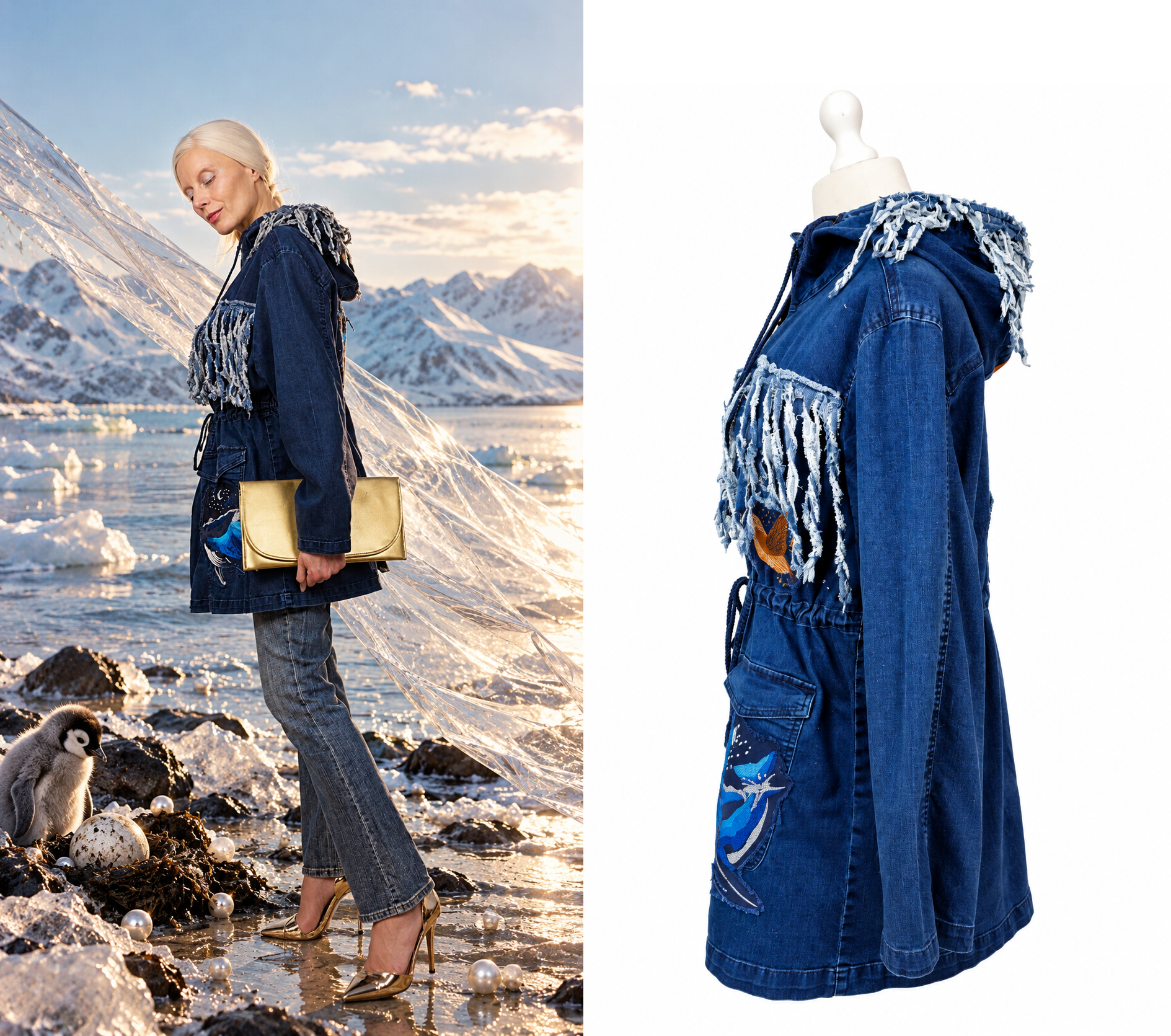 Side view of upcycled blue denim parka on mannequin showing oversize silhouette, fringed hood, frayed denim fringe on the chest, drawstring waist and embroidered whale on the pocket, shown next to the jacket styled with flared jeans and gold heels on an icy shore