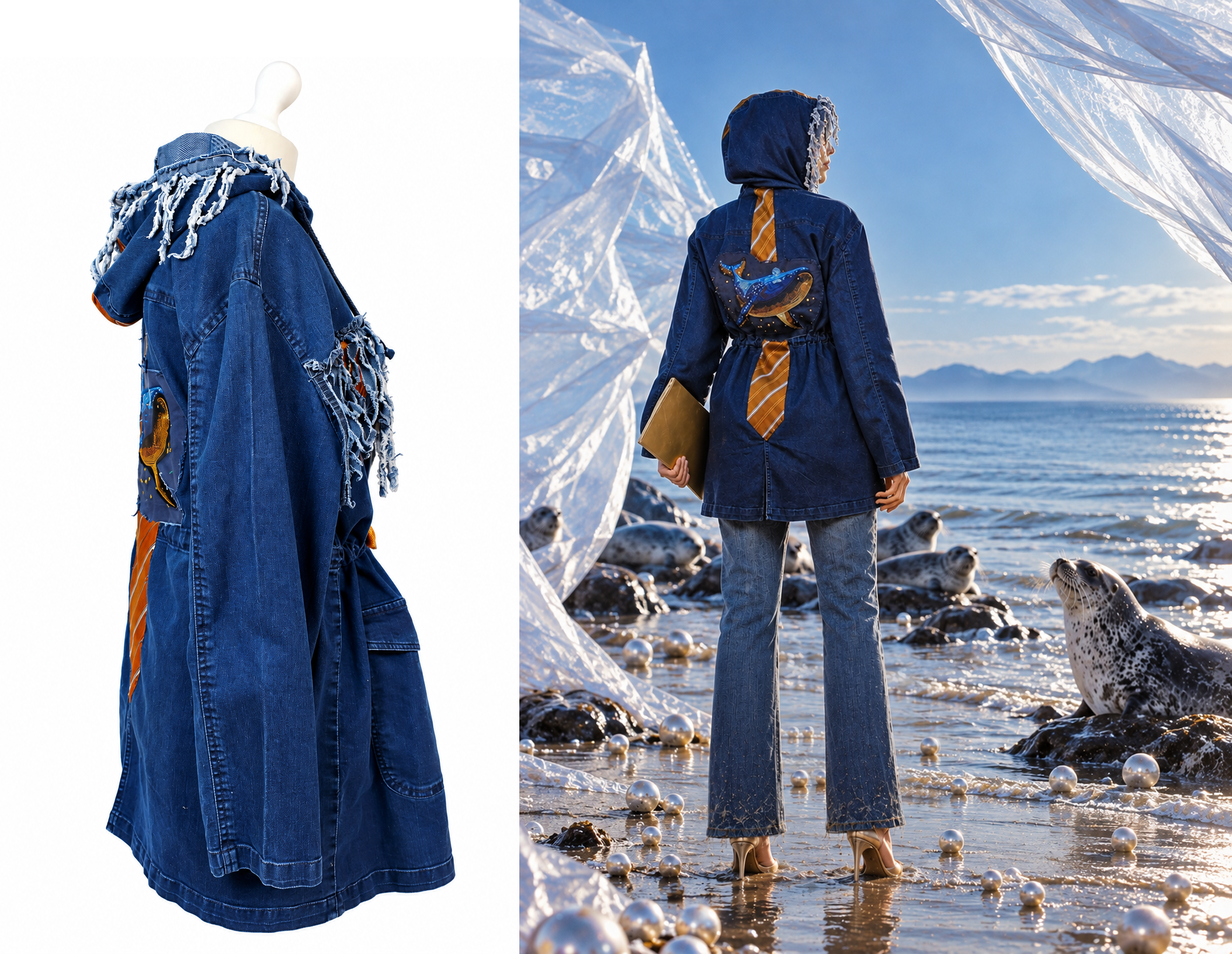 Three-quarter back view of upcycled blue denim parka on mannequin with fringed hood, oversized sleeves, silk necktie stripe and embroidered whale on the back, shown next to the jacket styled with flared jeans among seals on the shore