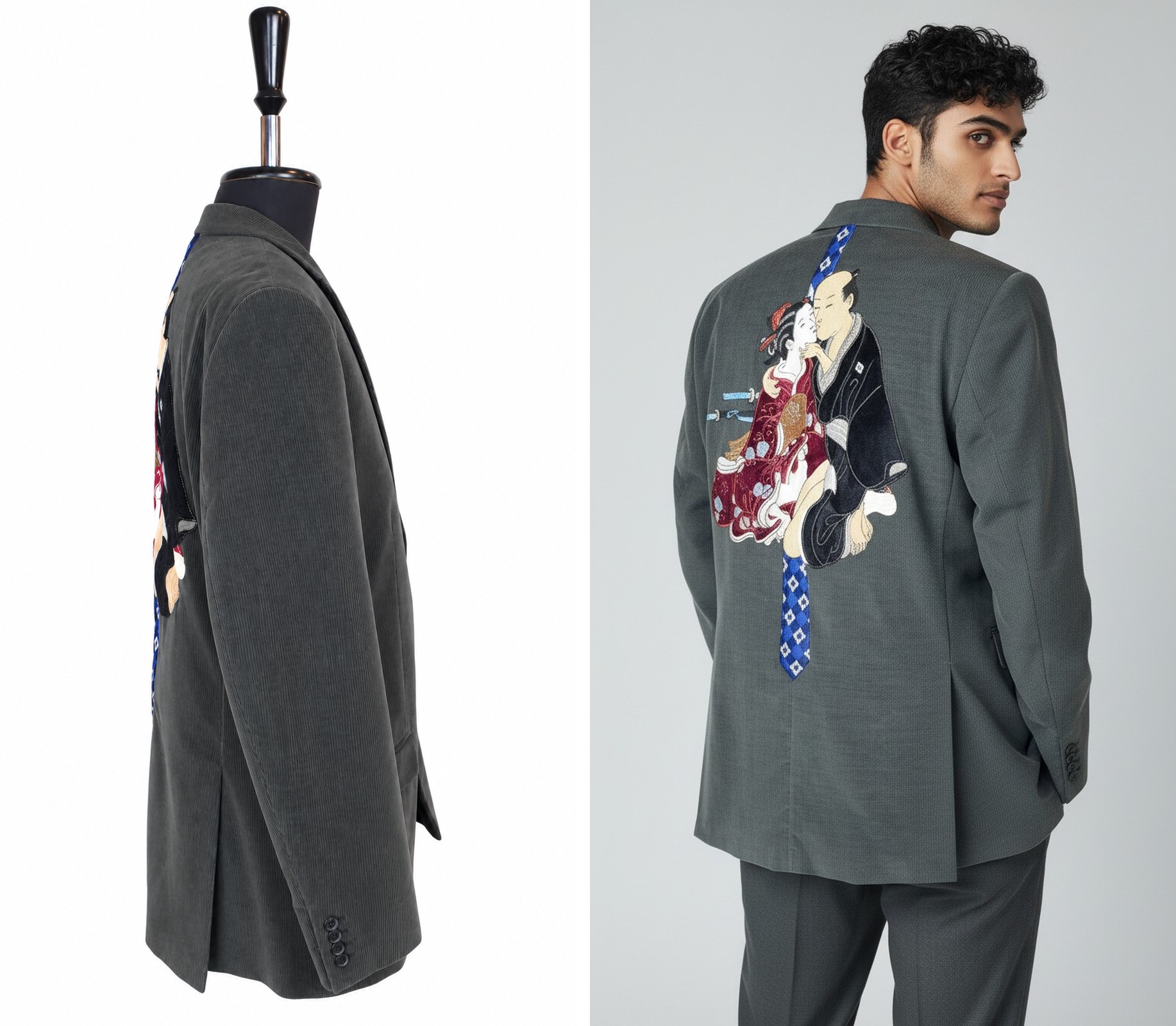 Deux images côte à côte. À gauche : l'autre côté de la veste sur un mannequin, le bord de l'appliqué coloré visible au dos. À droite : visualisation IA d'un homme regardant par-dessus son épaule, l'appliqué et la cravate dans son dos.