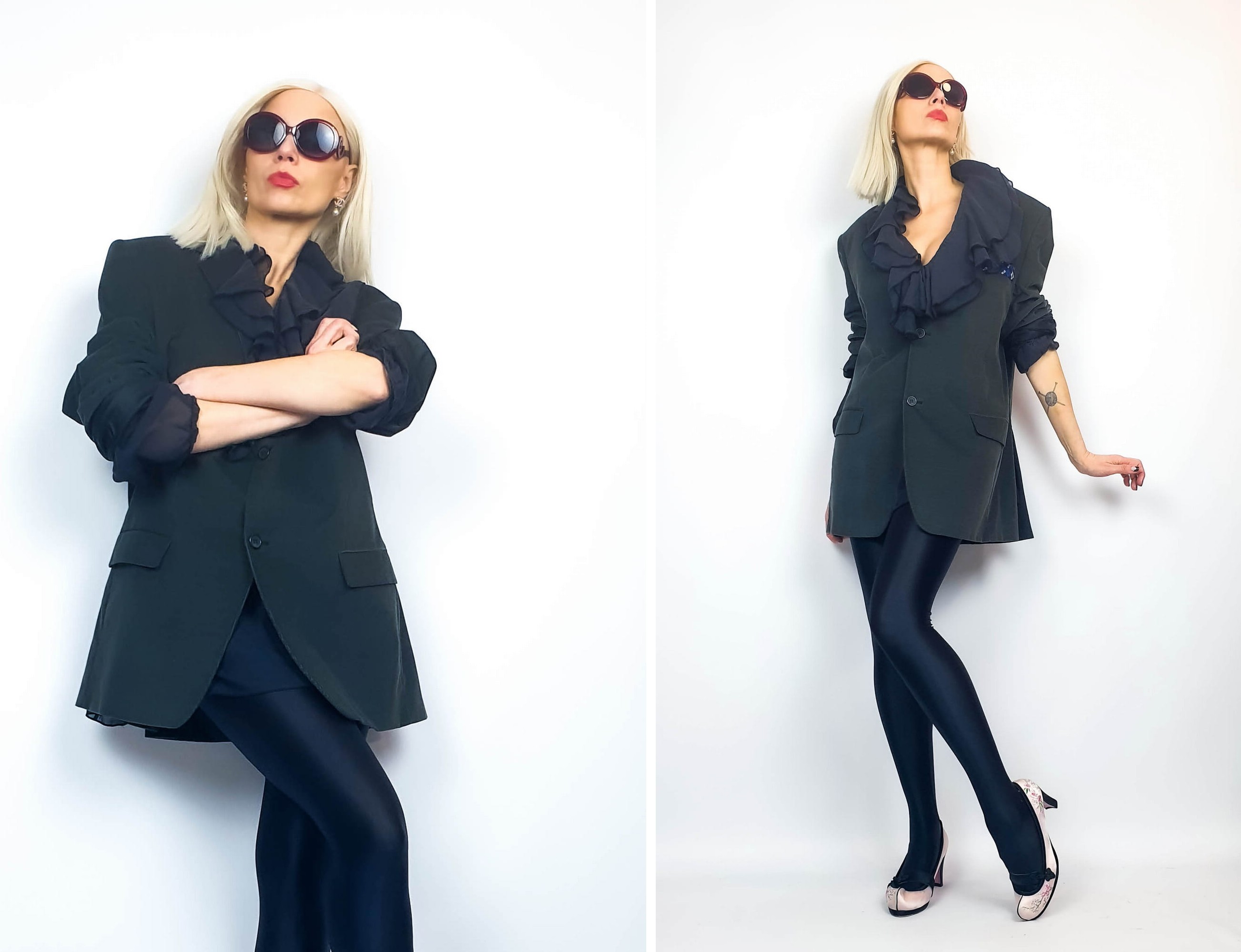 Deux photos : une femme en lunettes de soleil, bras croisés, manches retroussées ; à côté, le même look en pied avec legging noir et talons.