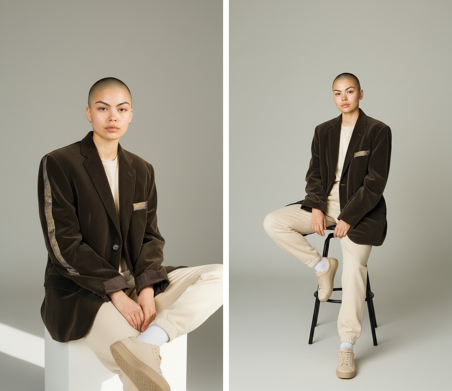 Visualisation IA, deux images : une femme au crâne rasé assise sur un socle blanc, manches retroussées, la bande de la manche visible ; à côté, le même modèle sur un tabouret, veste sur jogging crème et baskets beiges.