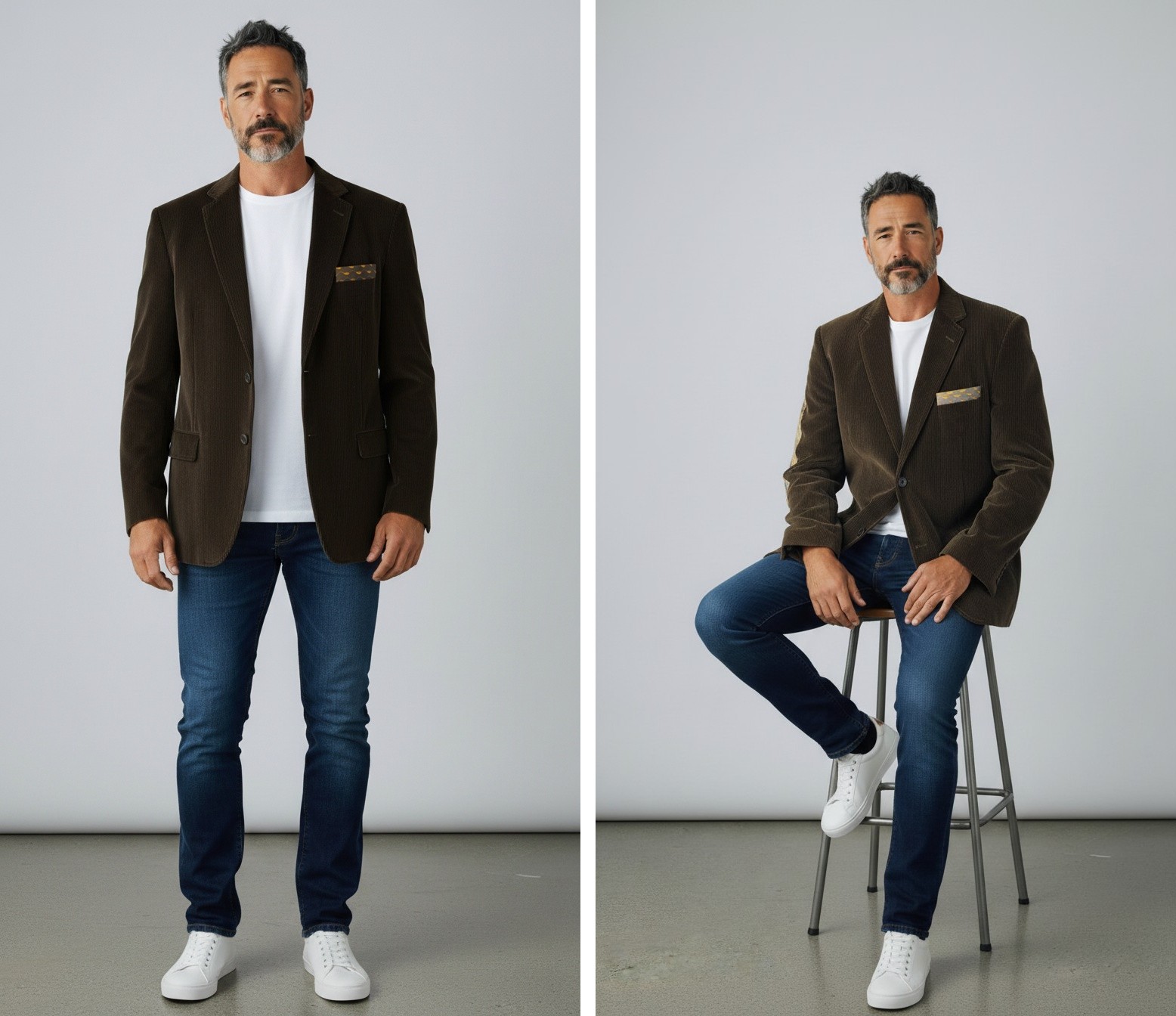 Visualisation IA, deux images : un homme à barbe grise debout, veste ouverte sur un T-shirt blanc et un jean foncé ; à côté, il est assis sur un haut tabouret dans la même tenue.