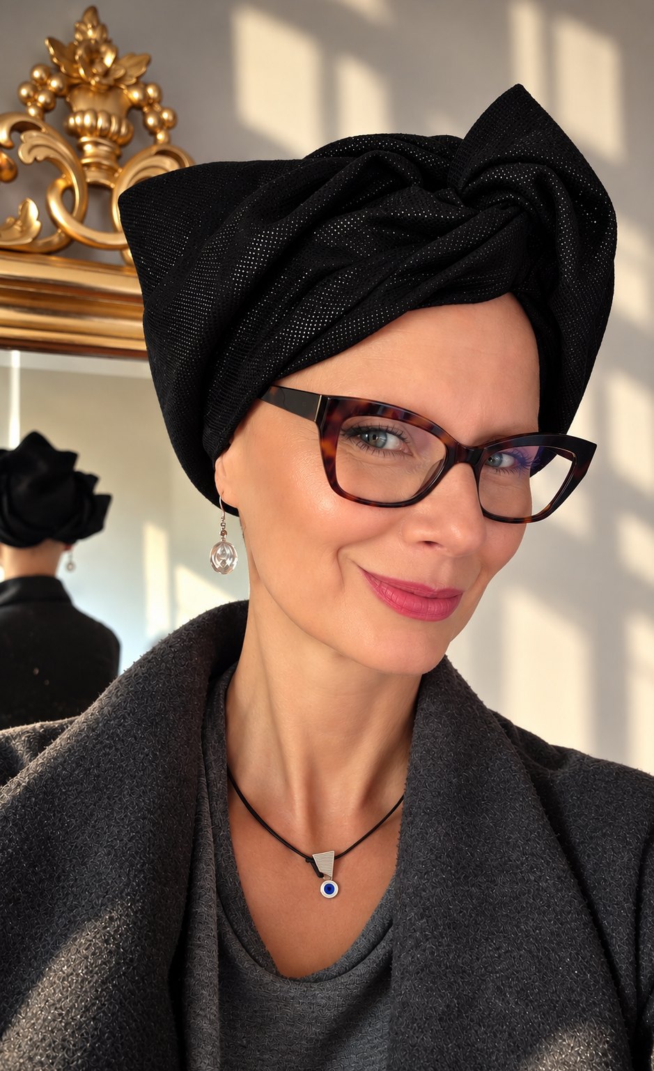 Kobieta w czarnym turbanie damskim Twist Long, ujęcie z ukosa. Szerokie fałdy żakardowej tkaniny tworzą nad głową dużą, rzeźbiarską formę przypominającą kokardę, z delikatnym połyskiem ornamentu. Kobieta lekko się uśmiecha, nosi okulary w szylkretowych oprawkach i ciemnoszary płaszcz; w tle złocone lustro i ciepłe światło.