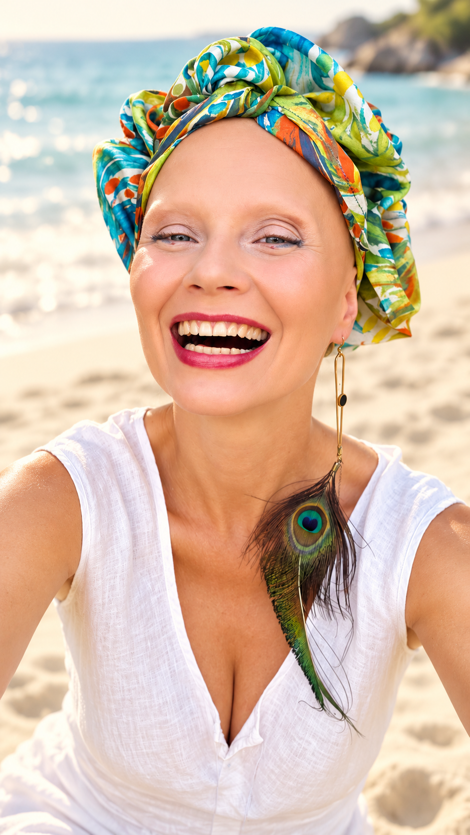 Renata Glinkowska, autorka turbanu, śmieje się na piaszczystej plaży nad morzem. Ma turban z jedwabiu w malarski wzór w turkusie, limonkowej zieleni i pomarańczu, zawiązany wysoko z fałdami nad czołem. Do tego biała lniana bluzka z dekoltem w szpic i długi kolczyk z pawim piórem. W tle rozświetlone fale i skały. Zdjęcie wyretuszowane z pomocą AI.