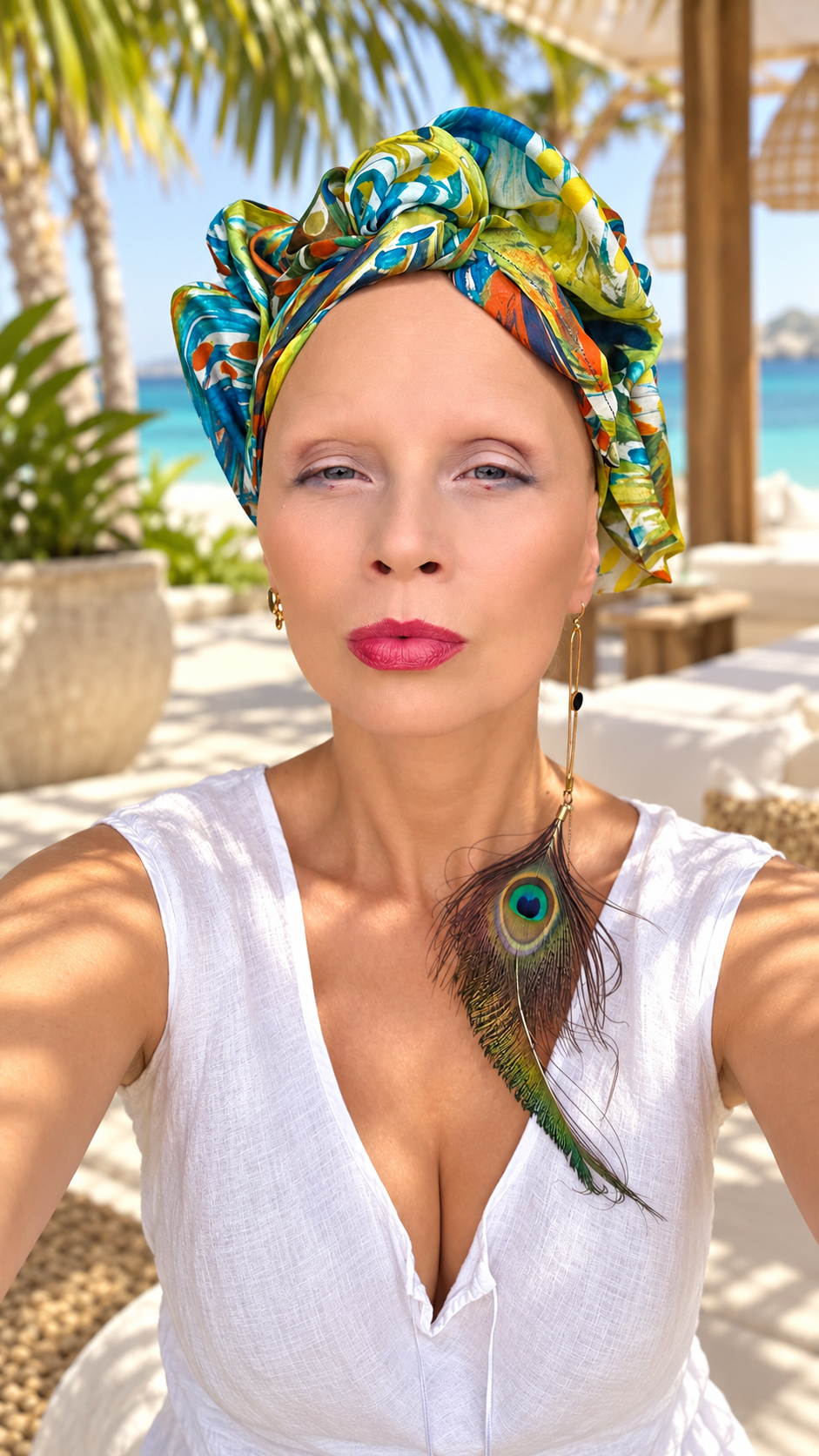 Renata Glinkowska, autorka turbanu, patrzy prosto w obiektyw z lekko ściągniętymi ustamiw tzw. dziubek. Ma turban z jedwabiu w malarski wzór w turkusie, limonkowej zieleni i pomarańczu, zawiązany wysoko z fałdami nad czołem. Do tego biała lniana bluzka z dekoltem w szpic i długi kolczyk z pawim piórem. W tle palmy, turkusowe morze i jasny taras z drewnianym zadaszeniem. Zdjęcie wyretuszowane z pomocą AI.