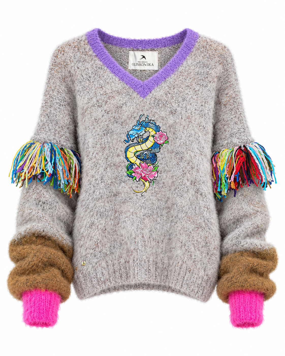 Fluffy gray oversize sweater with a purple V-neck, embroidered blue dragon with pink peonies, rainbow fringe on the sleeves and neon pink cuffs.